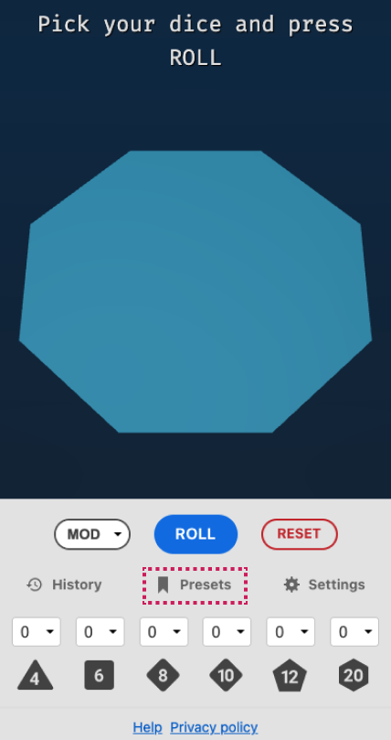 Dice presets button