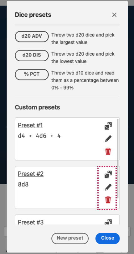 Custom preset actions