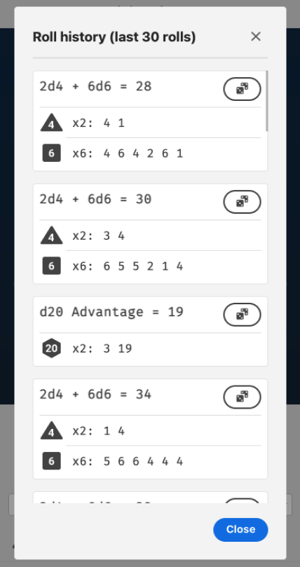 Dice roll history